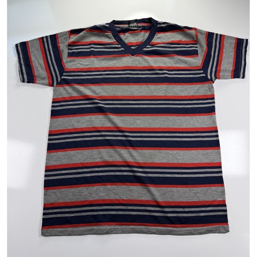 Pure Vintage 80s Striped V Neck T Shirt Mens Medium Gray Blue Red Retro‎ skater